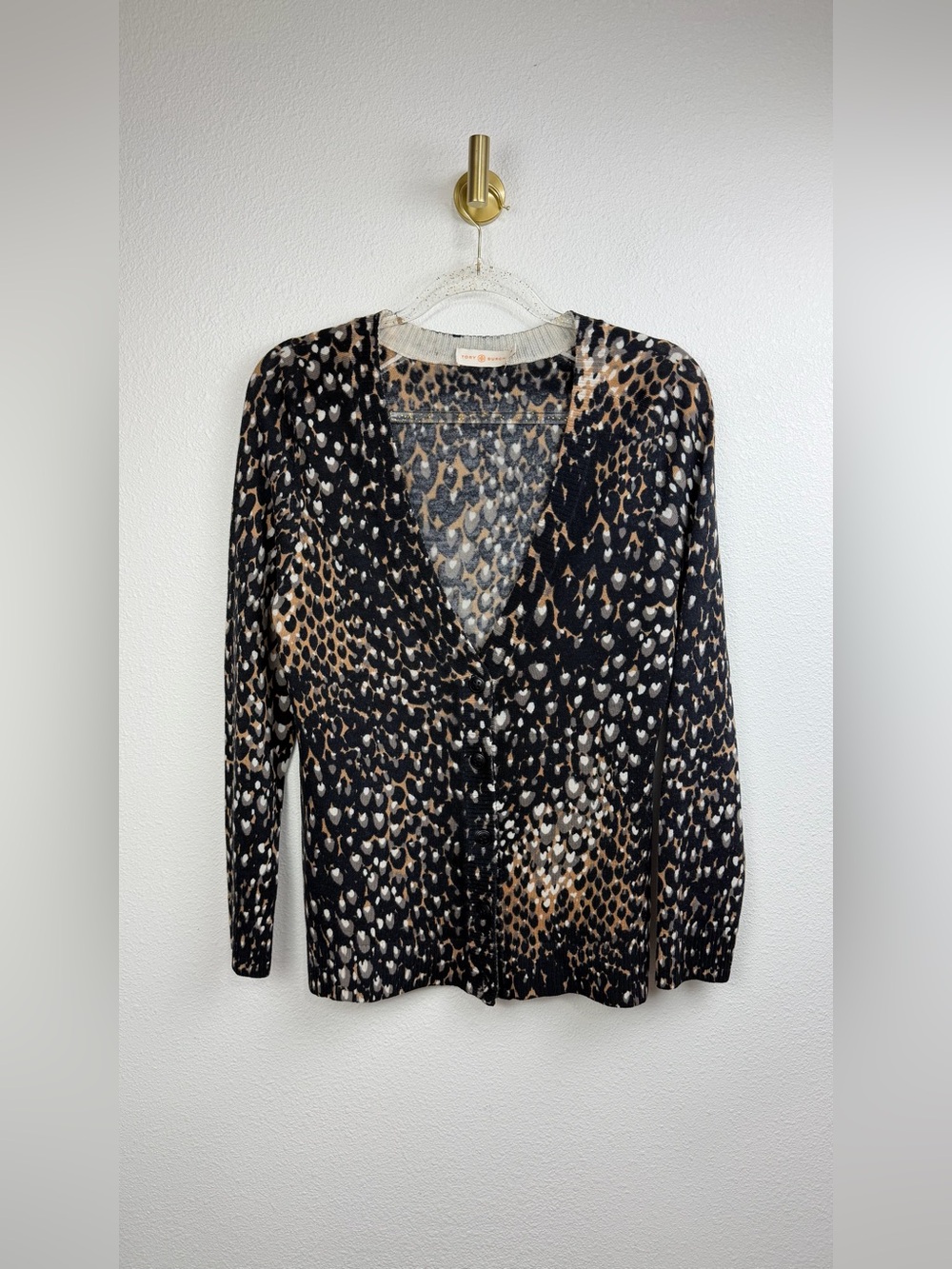 Tory Burch Lightweight Button-Up Leopard Long Sleeve Cardigan Sweater Size M